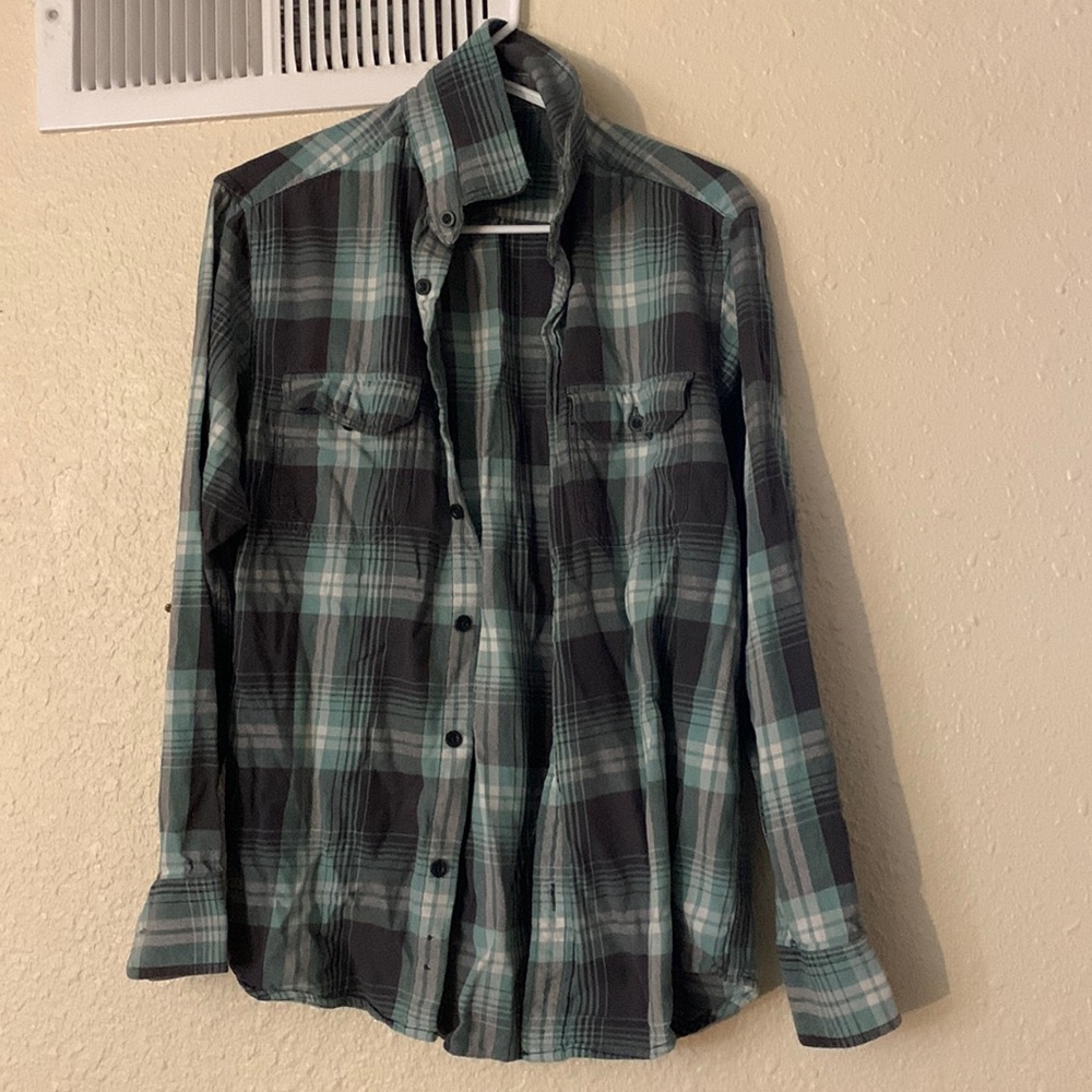 Old Navy flannel, teal and grey